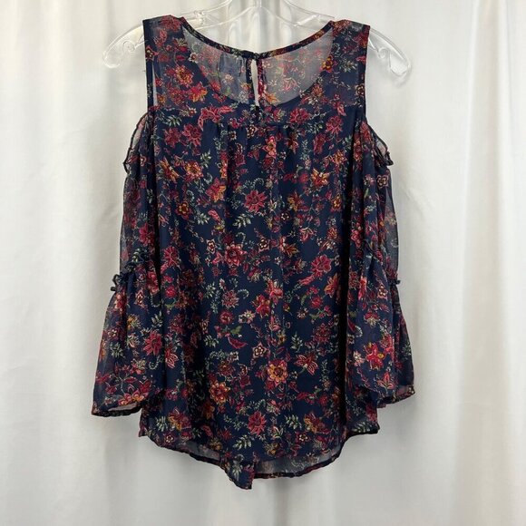 Dressbarn Women’s Cold Shoulder Floral Peasant Top Navy/Multi Size Small Petite - Picture 6 of 8